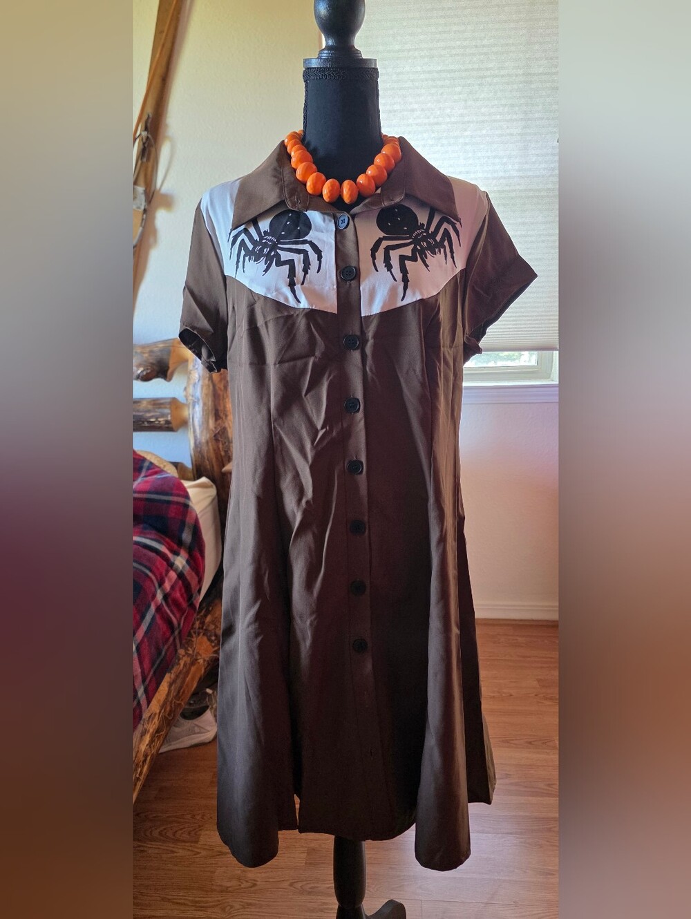 Women’s Brown Midi Button-Front Dress with Contrast Yoke